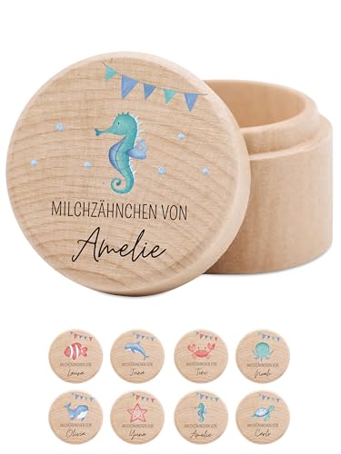 wunderwunsch® - Milchzahndose personalisiert aus Holz mit kinderfreundlichem UV-Druck - Zahndose Milchzähne als Erinnerung an die ersten Zähnchen (Seepferd Girlande) von wunderwunsch