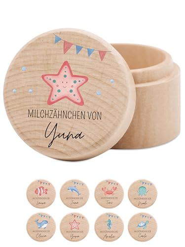 wunderwunsch® - Milchzahndose personalisiert aus Holz mit kinderfreundlichem UV-Druck - Zahndose Milchzähne als Erinnerung an die ersten Zähnchen (Seestern Girlande) von wunderwunsch