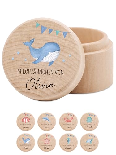 wunderwunsch® - Milchzahndose personalisiert aus Holz mit kinderfreundlichem UV-Druck - Zahndose Milchzähne als Erinnerung an die ersten Zähnchen (Wal Girlande) von wunderwunsch