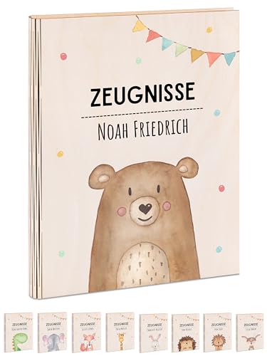 wunderwunsch® - Personalisierte Zeugnismappe aus Holz mit hochwertigem Spezial-Druck - Einschulung Geschenk - Zeugnismappe Jungen & Zeugnismappe Mädchen (Bär Girlande) von wunderwunsch