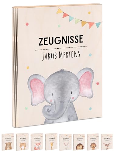 wunderwunsch® - Personalisierte Zeugnismappe aus Holz mit hochwertigem Spezial-Druck - Einschulung Geschenk - Zeugnismappe Jungen & Zeugnismappe Mädchen (Elefant Girlande) von wunderwunsch