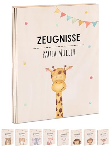 wunderwunsch® - Personalisierte Zeugnismappe aus Holz mit hochwertigem Spezial-Druck - Einschulung Geschenk - Zeugnismappe Jungen & Zeugnismappe Mädchen (Giraffe Girlande) von wunderwunsch