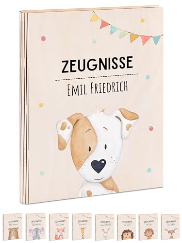 wunderwunsch® - Personalisierte Zeugnismappe aus Holz mit hochwertigem Spezial-Druck - Einschulung Geschenk - Zeugnismappe Jungen & Zeugnismappe Mädchen (Hund Girlande) von wunderwunsch