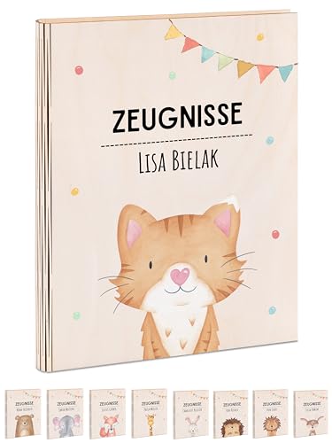 wunderwunsch® - Personalisierte Zeugnismappe aus Holz mit hochwertigem Spezial-Druck - Einschulung Geschenk - Zeugnismappe Jungen & Zeugnismappe Mädchen (Katze Girlande) von wunderwunsch