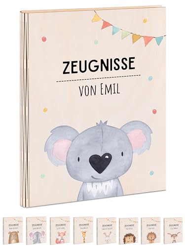 wunderwunsch® - Personalisierte Zeugnismappe aus Holz mit hochwertigem Spezial-Druck - Einschulung Geschenk - Zeugnismappe Jungen & Zeugnismappe Mädchen (Koala Girlande) von wunderwunsch