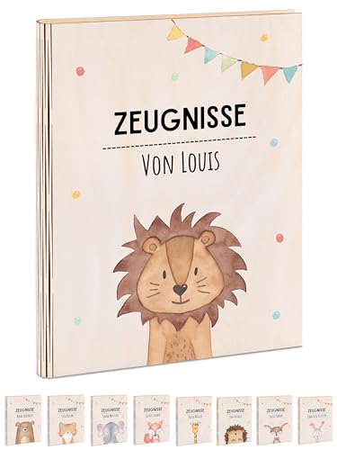 wunderwunsch® - Personalisierte Zeugnismappe aus Holz mit hochwertigem Spezial-Druck - Einschulung Geschenk - Zeugnismappe Jungen & Zeugnismappe Mädchen (Löwe Girlande) von wunderwunsch