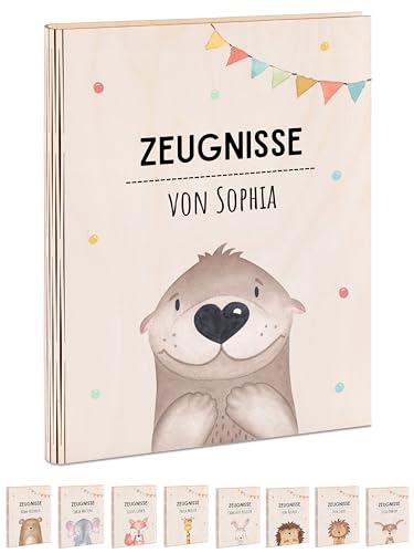 wunderwunsch® - Personalisierte Zeugnismappe aus Holz mit hochwertigem Spezial-Druck - Einschulung Geschenk - Zeugnismappe Jungen & Zeugnismappe Mädchen (Otter Girlande) von wunderwunsch