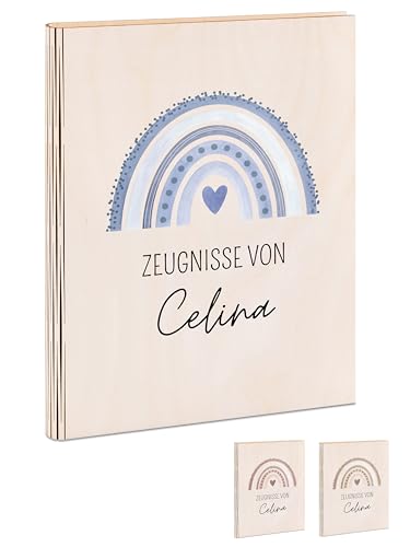 wunderwunsch® - Personalisierte Zeugnismappe aus Holz mit hochwertigem Spezial-Druck - Einschulung Geschenk - Zeugnismappe Jungen & Zeugnismappe Mädchen (Regenbogen blau) von wunderwunsch