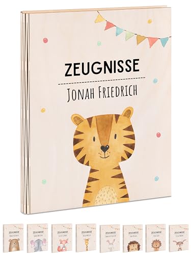 wunderwunsch® - Personalisierte Zeugnismappe aus Holz mit hochwertigem Spezial-Druck - Einschulung Geschenk - Zeugnismappe Jungen & Zeugnismappe Mädchen (Tiger Girlande) von wunderwunsch