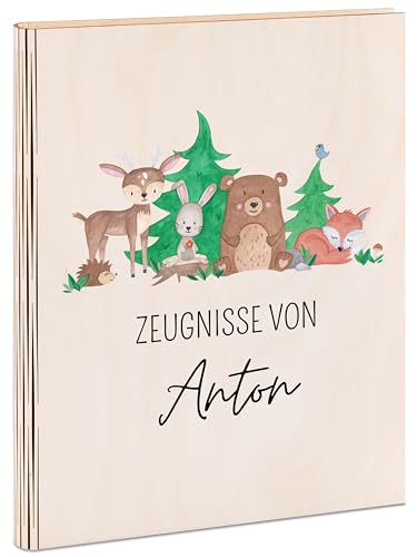 wunderwunsch® - Personalisierte Zeugnismappe aus Holz mit hochwertigem Spezial-Druck - Einschulung Geschenk - Zeugnismappe Jungen & Zeugnismappe Mädchen (Waldtiere) von wunderwunsch