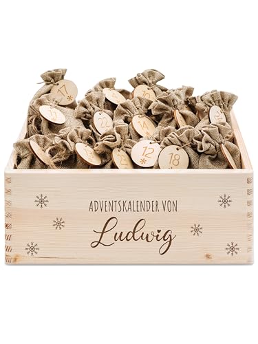 wunderwunsch® - Personalisierter Adventskalender zum selber befüllen - Adventskiste Holz mit hochwertiger Gravur - mit Juteschnur Jutesäckchen und Holzzahlen (groß | 39x29x13cm) von wunderwunsch