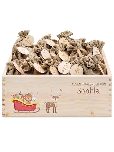 wunderwunsch® - Personalisierter Adventskalender zum selber befüllen - Adventskiste Holz mit kinderfreundlichem Druck - mit Juteschnur Jutesäckchen und Holzzahlen (groß | 39x29x13cm) von wunderwunsch