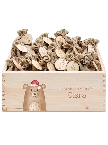 wunderwunsch® - Personalisierter Adventskalender zum selber befüllen - Adventskiste Holz mit kinderfreundlichem Druck - mit Juteschnur Jutesäckchen und Holzzahlen (groß | 39x29x13cm) von wunderwunsch