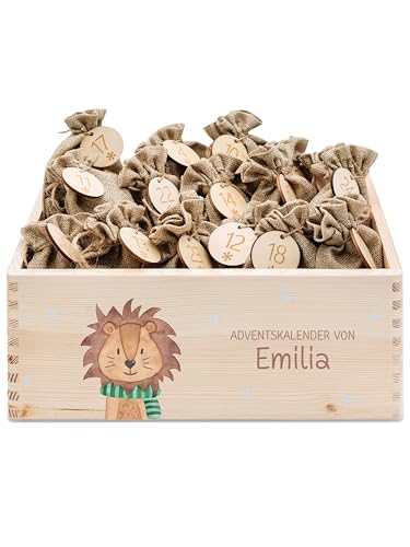 wunderwunsch® - Personalisierter Adventskalender zum selber befüllen - Adventskiste Holz mit kinderfreundlichem Druck - mit Juteschnur Jutesäckchen und Holzzahlen (groß | 39x29x13cm) von wunderwunsch