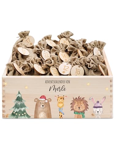 wunderwunsch® - Personalisierter Adventskalender zum selber befüllen - Adventskiste Holz mit kinderfreundlichem Druck - mit Juteschnur Jutesäckchen und Holzzahlen (groß | 39x29x13cm) von wunderwunsch