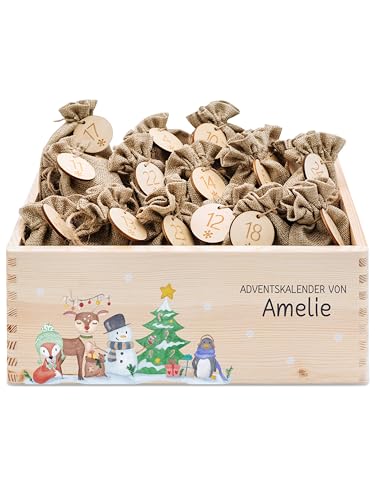 wunderwunsch® - Personalisierter Adventskalender zum selber befüllen - Adventskiste Holz mit kinderfreundlichem Druck - mit Juteschnur Jutesäckchen und Holzzahlen (groß | 39x29x13cm) von wunderwunsch