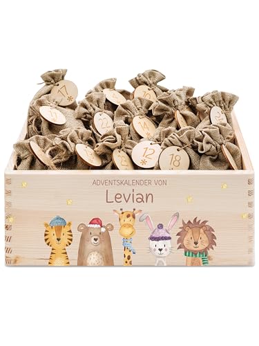 wunderwunsch® - Personalisierter Adventskalender zum selber befüllen - Adventskiste Holz mit kinderfreundlichem Druck - mit Juteschnur Jutesäckchen und Holzzahlen (groß | 39x29x13cm) von wunderwunsch