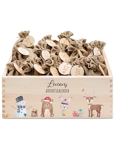 wunderwunsch® - Personalisierter Adventskalender zum selber befüllen - Adventskiste Holz mit kinderfreundlichem Druck - mit Juteschnur Jutesäckchen und Holzzahlen (groß | 39x29x13cm) von wunderwunsch