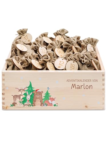 wunderwunsch® - Personalisierter Adventskalender zum selber befüllen - Adventskiste Holz mit kinderfreundlichem Druck - mit Juteschnur Jutesäckchen und Holzzahlen (groß | 39x29x13cm) von wunderwunsch