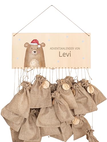 wunderwunsch - Personalisierter Adventskalender zum selber befüllen mit kinderfreundlichem UV-Druck - aus Holz, mit Juteschnur, Jutesäckchen und Holzzahlen (Weihnachts-Tier Schneeflocken) von wunderwunsch