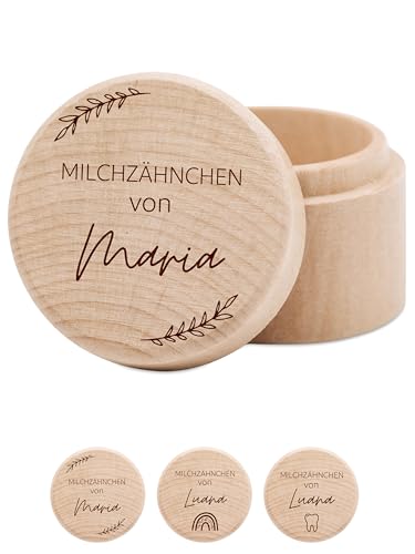 wunderwunsch® - Milchzahndose personalisiert aus Holz mit hochwertiger Gravur - Zahndose Milchzähne als Erinnerung an die ersten Zähnchen (Blumenkranz) von wunderwunsch