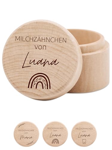 wunderwunsch® - Milchzahndose personalisiert aus Holz mit hochwertiger Gravur - Zahndose Milchzähne als Erinnerung an die ersten Zähnchen (Regenbogen) von wunderwunsch