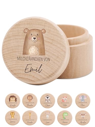 wunderwunsch® - Milchzahndose personalisiert aus Holz mit kinderfreundlichem UV-Druck - Zahndose Milchzähne als Erinnerung an die ersten Zähnchen (Bär) von wunderwunsch