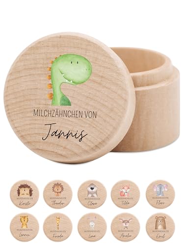 wunderwunsch® - Milchzahndose personalisiert aus Holz mit kinderfreundlichem UV-Druck - Zahndose Milchzähne als Erinnerung an die ersten Zähnchen (Dino) von wunderwunsch