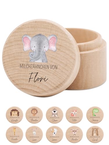 wunderwunsch® - Milchzahndose personalisiert aus Holz mit kinderfreundlichem UV-Druck - Zahndose Milchzähne als Erinnerung an die ersten Zähnchen (Elefant) von wunderwunsch