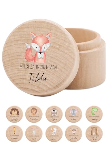 wunderwunsch® - Milchzahndose personalisiert aus Holz mit kinderfreundlichem UV-Druck - Zahndose Milchzähne als Erinnerung an die ersten Zähnchen (Fuchs) von wunderwunsch