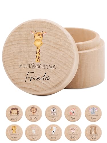 wunderwunsch® - Milchzahndose personalisiert aus Holz mit kinderfreundlichem UV-Druck - Zahndose Milchzähne als Erinnerung an die ersten Zähnchen (Giraffe) von wunderwunsch