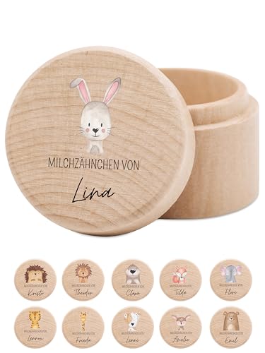 wunderwunsch® - Milchzahndose personalisiert aus Holz mit kinderfreundlichem UV-Druck - Zahndose Milchzähne als Erinnerung an die ersten Zähnchen (Hase) von wunderwunsch