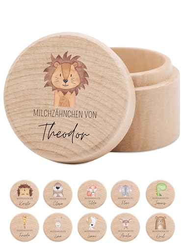 wunderwunsch® - Milchzahndose personalisiert aus Holz mit kinderfreundlichem UV-Druck - Zahndose Milchzähne als Erinnerung an die ersten Zähnchen (Löwe) von wunderwunsch