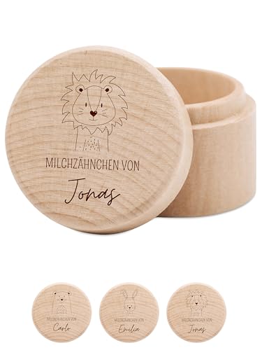 wunderwunsch® - Milchzahndose personalisiert aus Holz mit hochwertiger Gravur - Zahndose Milchzähne als Erinnerung an die ersten Zähnchen (Löwe) von wunderwunsch