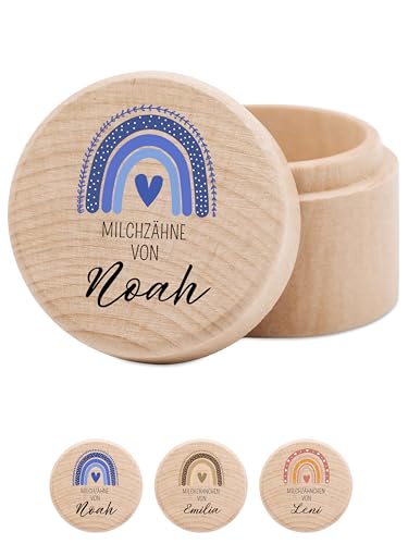 wunderwunsch® - Milchzahndose personalisiert aus Holz mit kinderfreundlichem UV-Druck - Zahndose Milchzähne als Erinnerung an die ersten Zähnchen (Regenbogen blau) von wunderwunsch