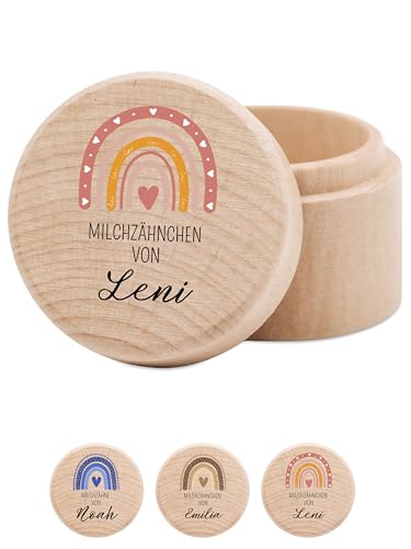 wunderwunsch® - Milchzahndose personalisiert aus Holz mit kinderfreundlichem UV-Druck - Zahndose Milchzähne als Erinnerung an die ersten Zähnchen (Regenbogen rosa) von wunderwunsch