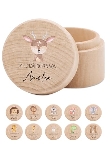 wunderwunsch® - Milchzahndose personalisiert aus Holz mit kinderfreundlichem UV-Druck - Zahndose Milchzähne als Erinnerung an die ersten Zähnchen (Reh) von wunderwunsch