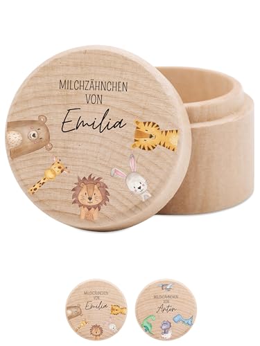 wunderwunsch® - Milchzahndose personalisiert aus Holz mit kinderfreundlichem UV-Druck - Zahndose Milchzähne als Erinnerung an die ersten Zähnchen (Tiere) von wunderwunsch