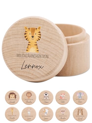 wunderwunsch® - Milchzahndose personalisiert aus Holz mit kinderfreundlichem UV-Druck - Zahndose Milchzähne als Erinnerung an die ersten Zähnchen (Tiger) von wunderwunsch