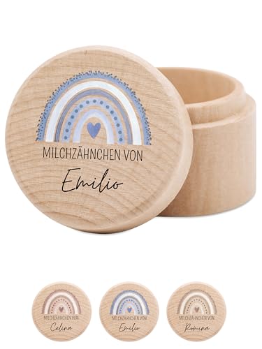 wunderwunsch® - Milchzahndose personalisiert aus Holz mit kinderfreundlichem UV-Druck - Zahndose Milchzähne als Erinnerung an die ersten Zähnchen (blau) von wunderwunsch