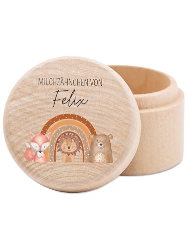 wunderwunsch® - Milchzahndose personalisiert aus Holz mit kinderfreundlichem UV-Druck - Zahndose Milchzähne als Erinnerung an die ersten Zähnchen (Tiere vor Regenbogen braun) von wunderwunsch