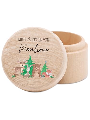 wunderwunsch® - Milchzahndose personalisiert aus Holz mit kinderfreundlichem UV-Druck - Zahndose Milchzähne als Erinnerung an die ersten Zähnchen (Waldtiere) von wunderwunsch