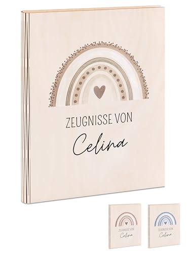 wunderwunsch® - Personalisierte Zeugnismappe aus Holz mit hochwertigem Spezial-Druck - Einschulung Geschenk - Zeugnismappe Jungen & Zeugnismappe Mädchen (Regenbogen beige) von wunderwunsch