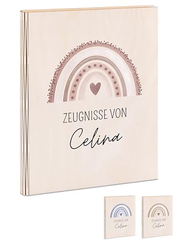 wunderwunsch® - Personalisierte Zeugnismappe aus Holz mit hochwertigem Spezial-Druck - Einschulung Geschenk - Zeugnismappe Jungen & Zeugnismappe Mädchen (Regenbogen rosa) von wunderwunsch