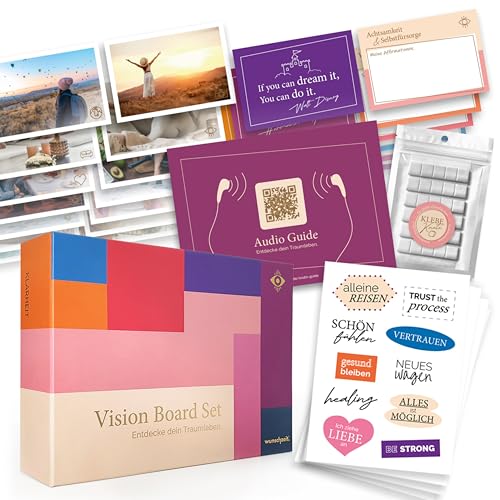 Vision Board Set | Manifestation, Achtsamkeit & Positives Denken | Visualisiere das Leben deiner Träume | Geschenke für Frauen, Beste Freundin, Schwester, Mädelsabend | Audioanleitung von wunschzeit