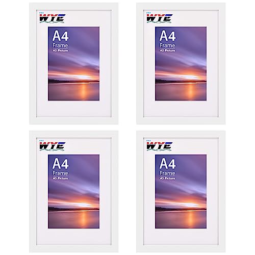 A4 Frames Holz 4er Set, A4 Bilderrahmen mit Passepartout A5, A4 Bilderrahmen mit Ständer, Tischplatte oder Wandbehang, A4 Weiße Rahmen Posterrahmen mit Plexiglasfenster, Weiß von wyewye