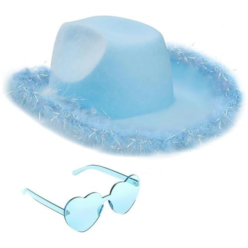 xHxttL Cowboyhut und Brille, flauschiger Cowgirlhut für Mädchen und Kinder in Rosa mit Federn, herzförmige Sonnenbrille, Cowgirl-Accessoires von xHxttL