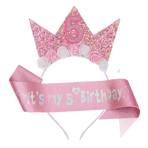 xianshi Mädchen 5 Jahre Geburtstagskrone Und Rosa Schultergurt,5 Jahre Geburtstag Krone,Geburtstagsdeko 5 Jahre,Prinzessin Stirnband Crown Deko,Mädchen Geburtstag Stirnband von xianshi