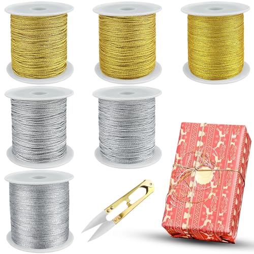 xianzhanEU 3 Rolle Kordel Gold, 3 Rolle Metallic Kordel Silber, 100M/34M/20M Gold Kordel für Hochzeitsdekoration, Weihnachtsdekoration, Verpacken mit 1 Kleine Schere von xianzhanEU