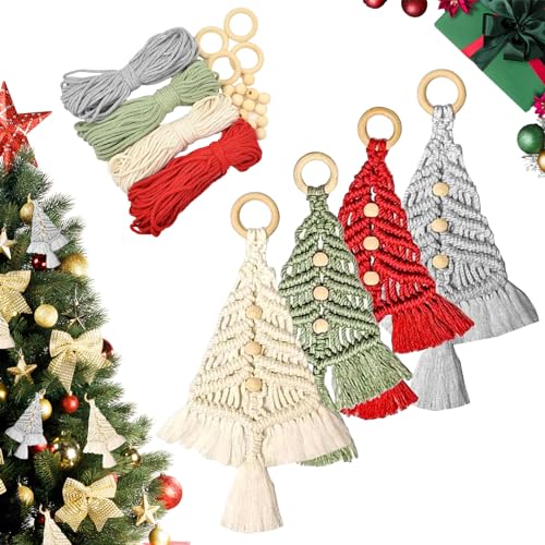 Weihnachtsbaum DIY Set, Makramee DIY Kit für Weihnachten, Makramee Weihnachtsdeko Set, Baumwollgarn Bastelset mit Holzperlen Ringen Anleitung, Abnehmbaren Ornamente, Hängend Dekor von xinrongda